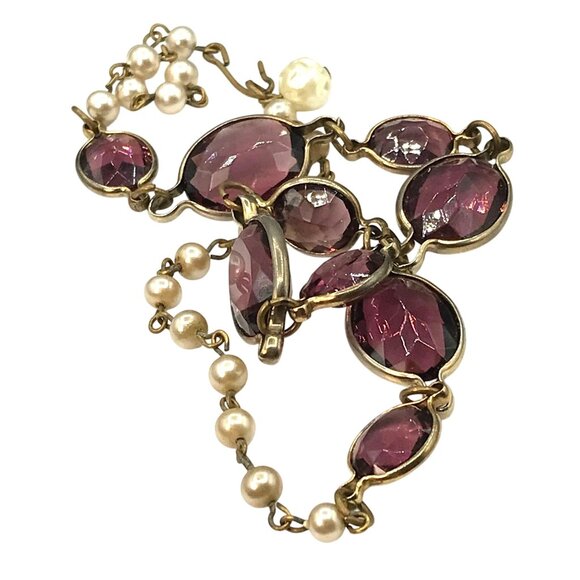 Elegant Choker Length Necklace, Vintage Faux Pearl and Bezel Set Purple Crystals - Picture 2 of 4